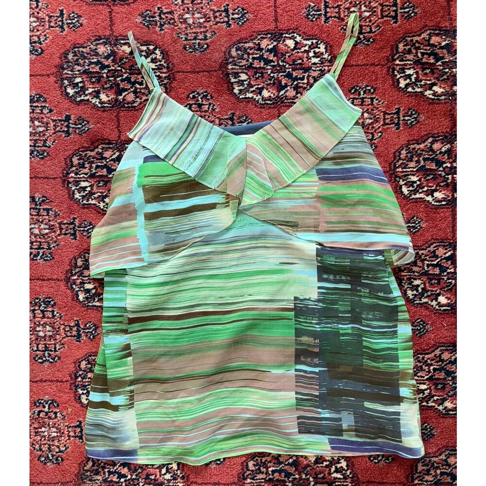 CABI M Green Modern Stripe Print Spaghetti Strap Lined Camisole Ruffle Collar